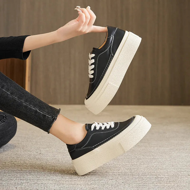 Women's black platform sports board shoes with cowhide leather upper and round toe design