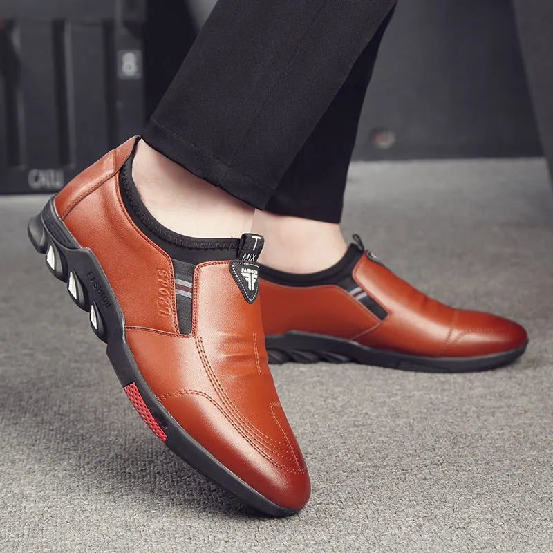 Men's black and brown PU leather business shoes with plain toe and flat heel.