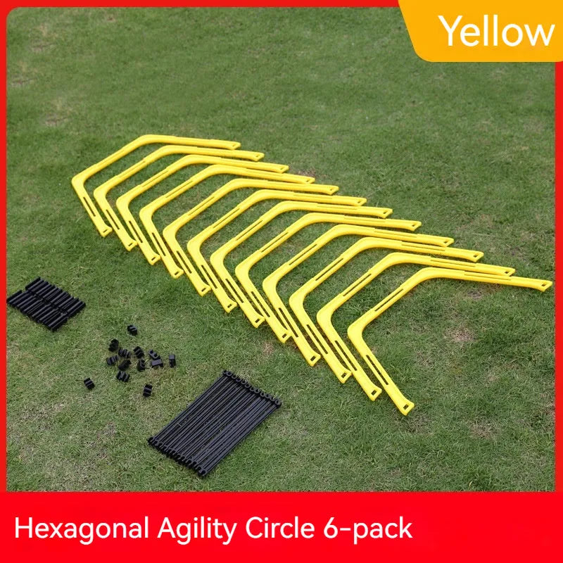 Six foldable hexagon agility training rings in yellow, green and orange colours for football drills
