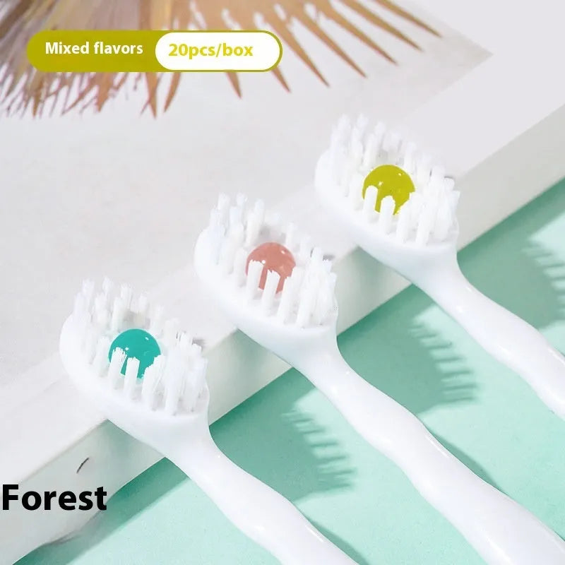 Box of 20 mint flavour disposable chewable bead toothbrushes for travel.
