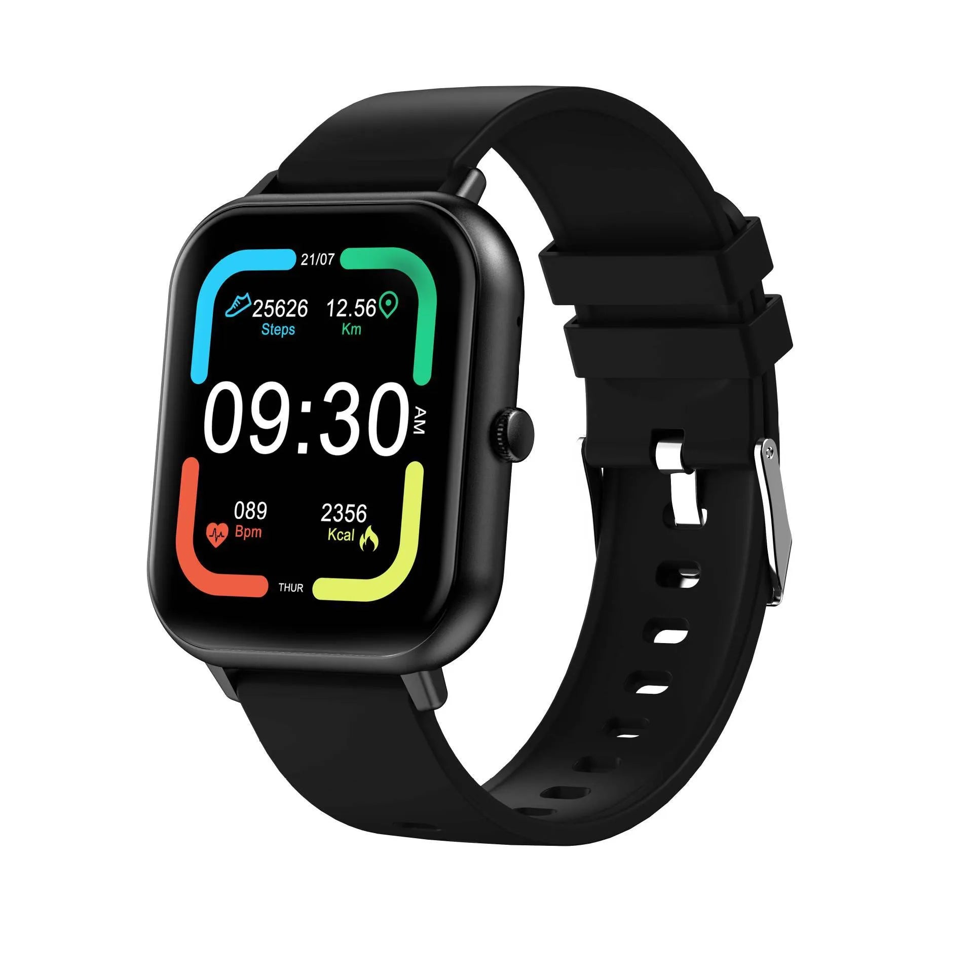 Bluetooth smart watch with heart rate monitor on wrist, shown in black, pink, silver grey, and khaki colour options.