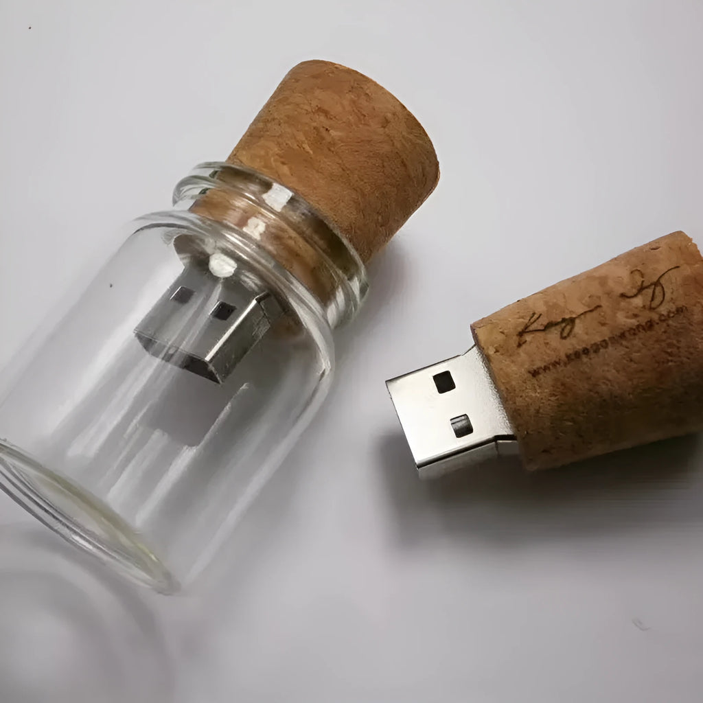 Transparent wooden wish bottle USB drive showing internal wood element, 60mm long.