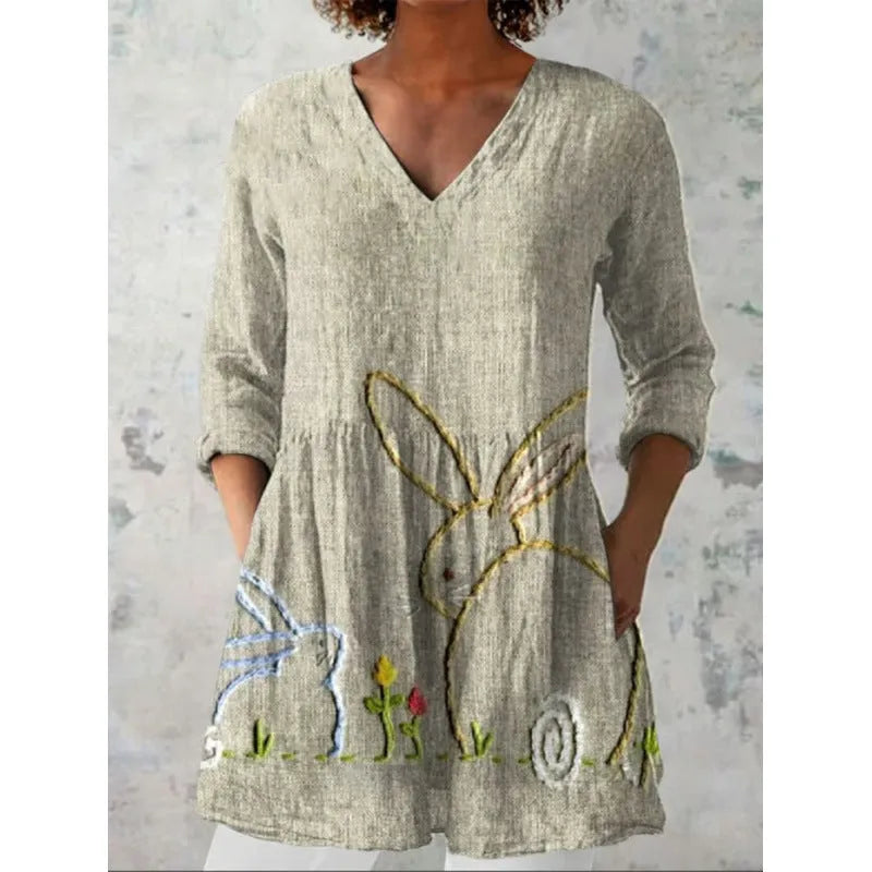 Women's printed loose wave dress with 3/4 sleeves and wide waist in polyester fabric