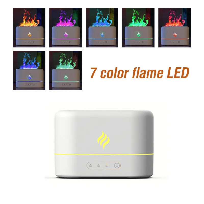 Black and white USB-powered humidifier with coloured flame LED light and aromatherapy function.