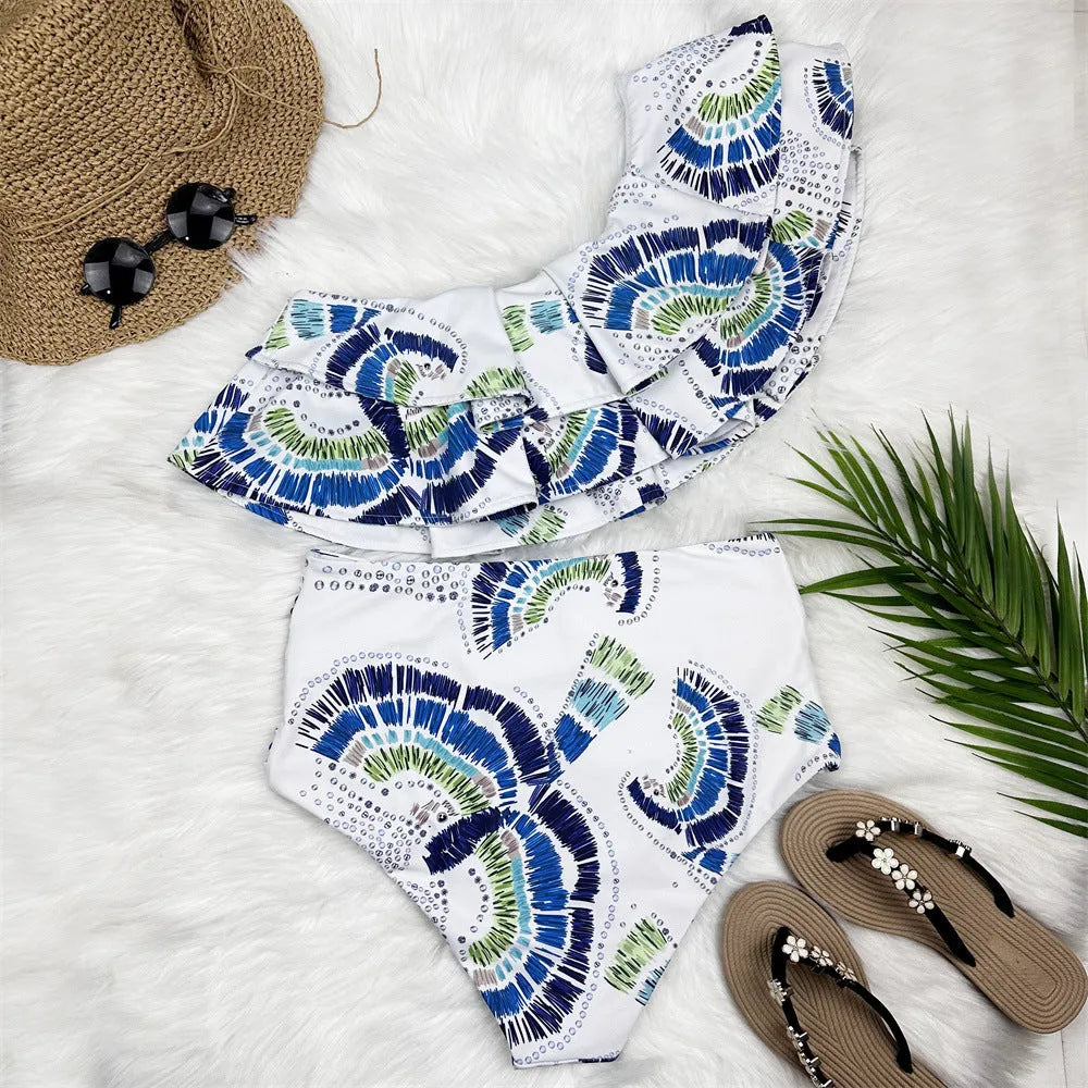 White women's one-shoulder swimsuit with double-layer lotus leaf design and split bikini style