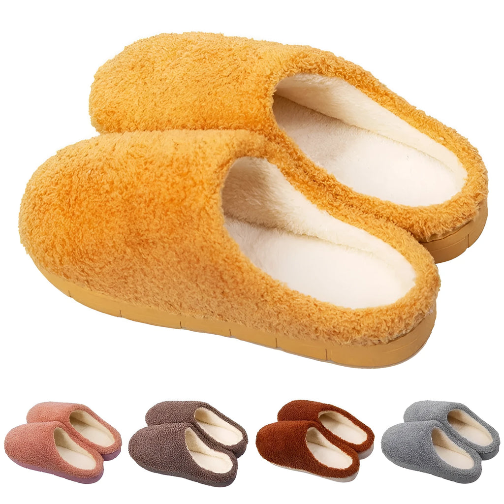 Furry suede thickened non-slip bedroom slippers in caramel colour on tiled floor