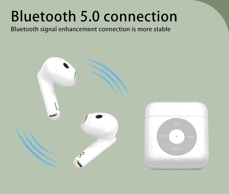 White wireless Bluetooth earphones with charging case, semi in-ear design with noise reduction.