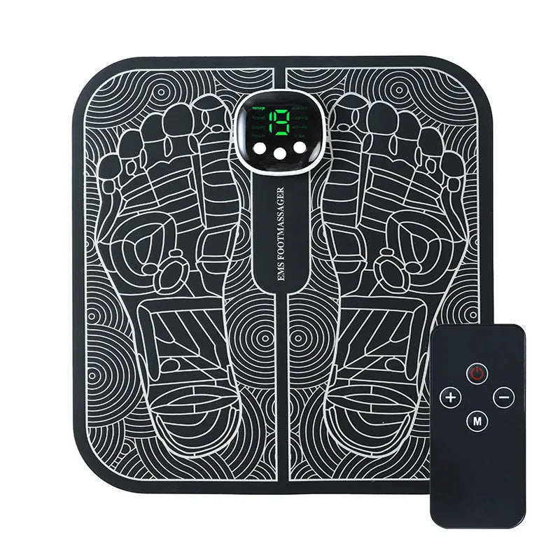 USB rechargeable reflexology foot massager mat with remote control on a wooden floor