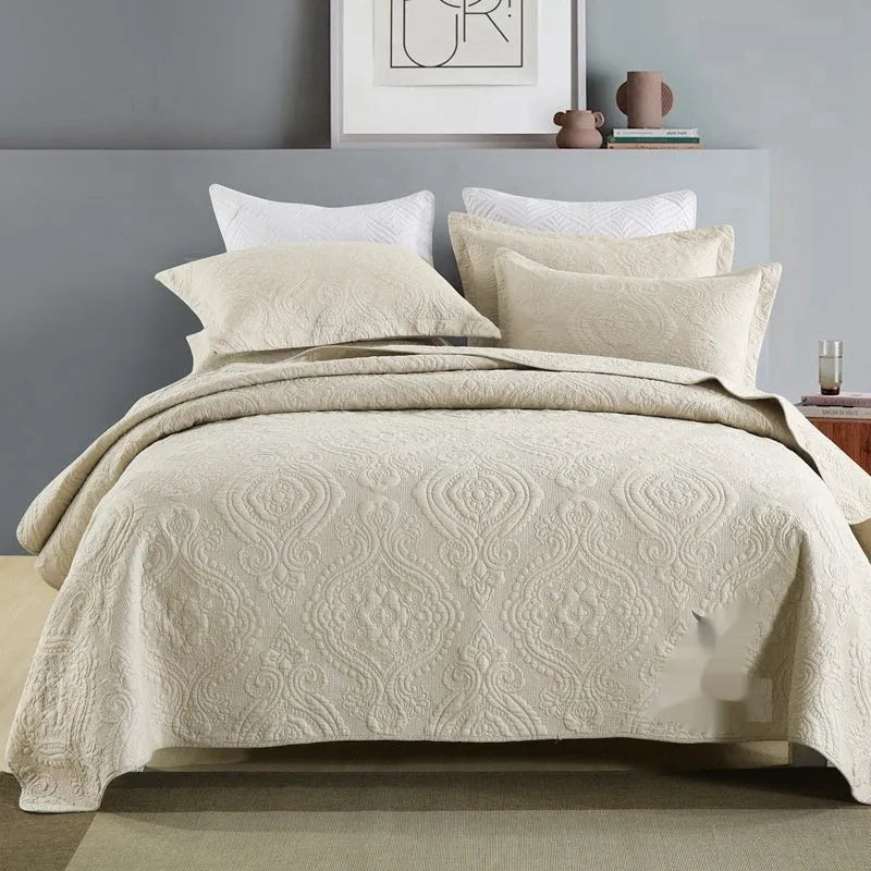 Pure cotton bed cover set showing damask pattern option with bed sheet, duvet cover and pillowcases