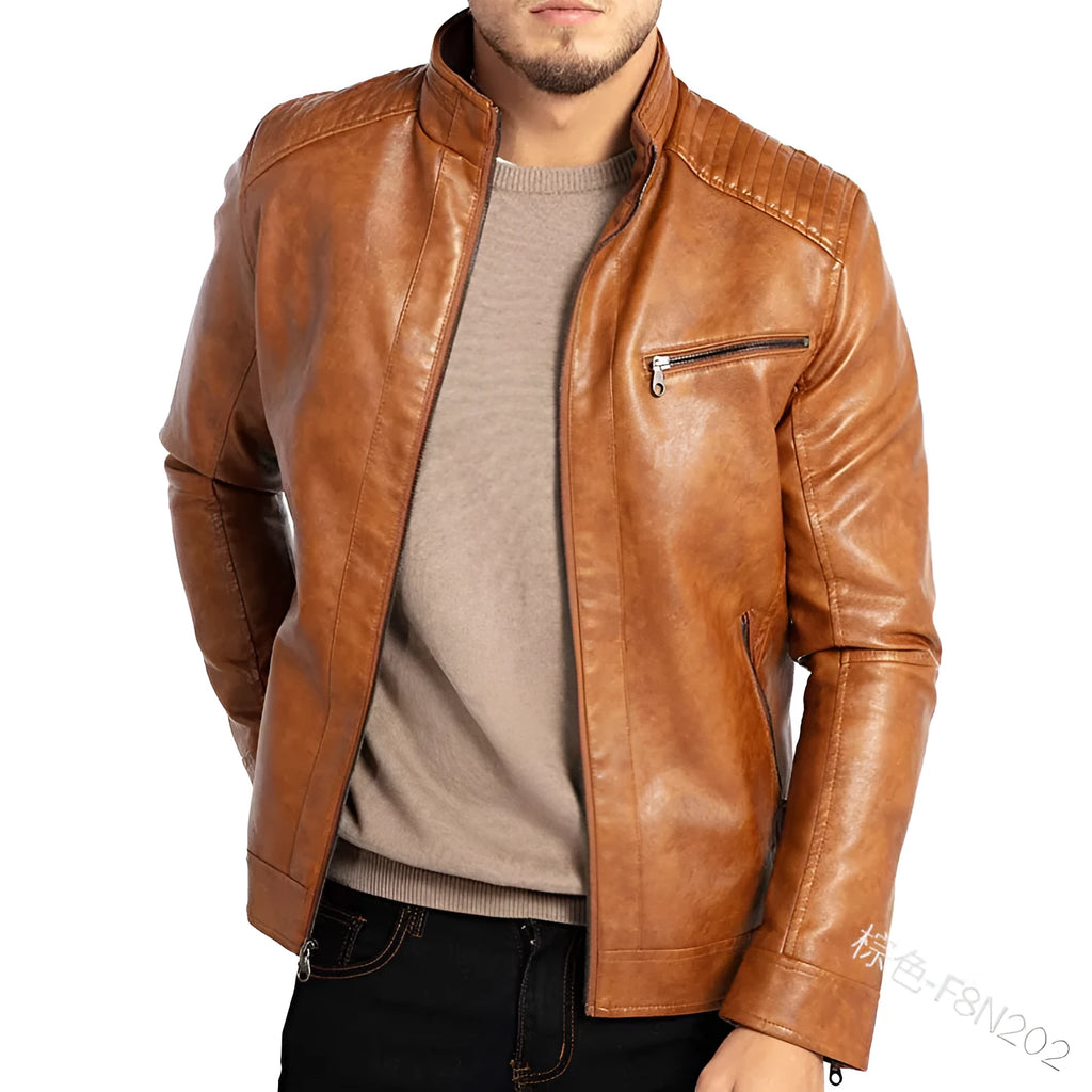 Men's brown artificial leather punk motorcycle jacket with stand collar and straight hem.