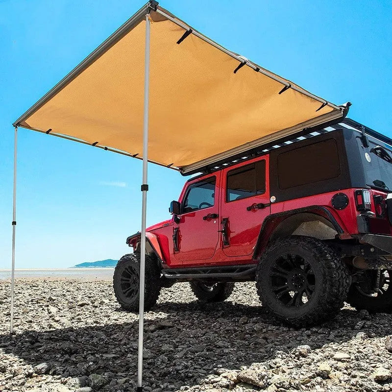Single layer rainproof camping tent with aluminium poles shown in a size option, with optional side fabric.