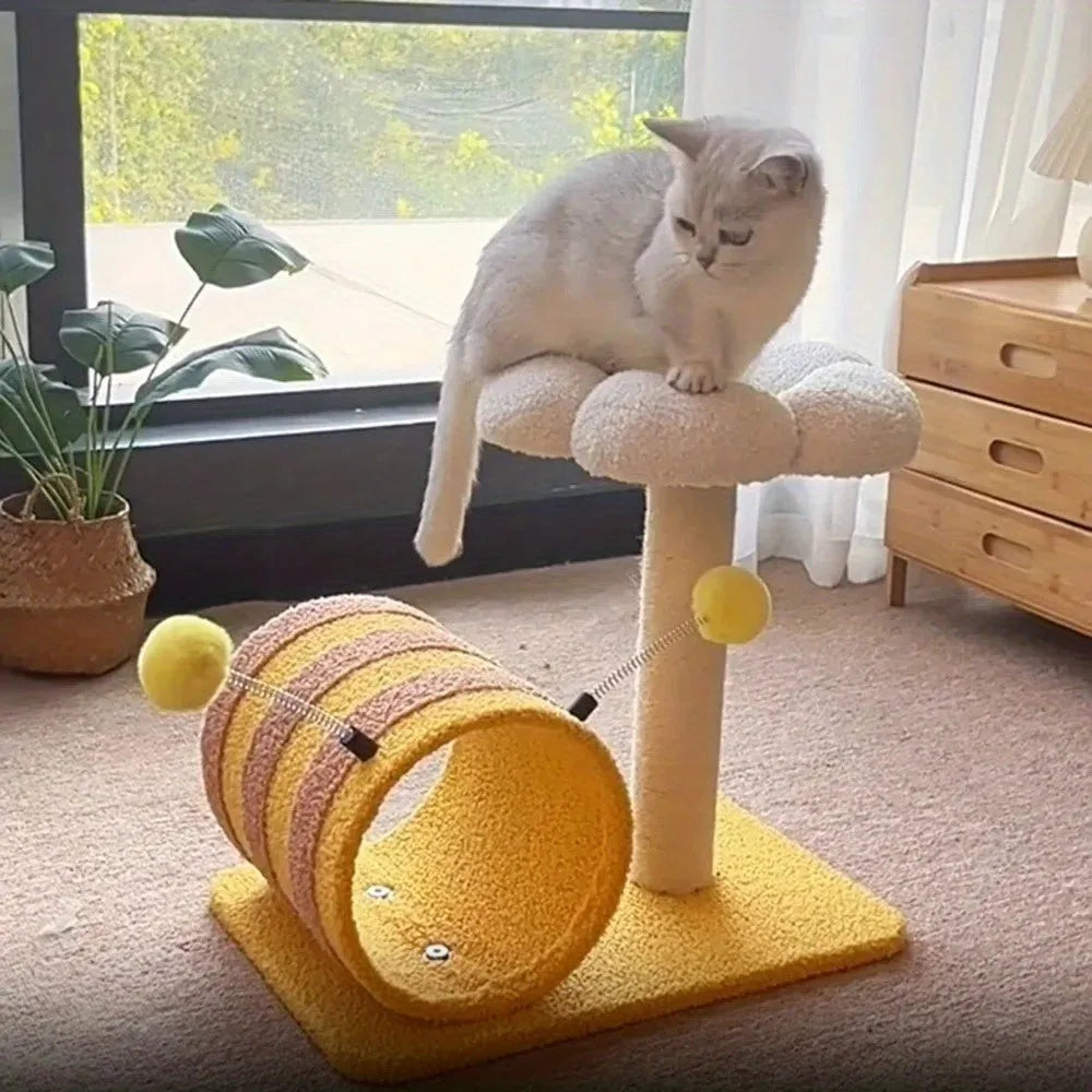 Yellow bee-shaped cat climbing frame with sisal scratching post and tunnel