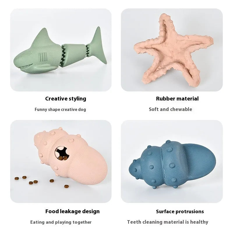Deep sea shark shaped rubber dog toy in blue and green colour variations