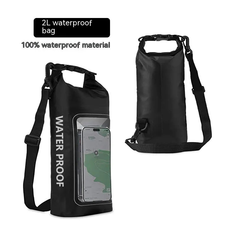 Black waterproof crossbody PVC bag for mobile phones, shown in 2L and 5L sizes.