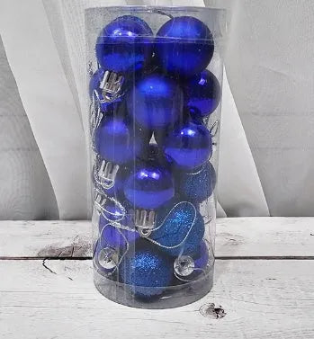 Assorted 3cm diameter electroplated plastic Christmas balls stored in a tall plastic barrel