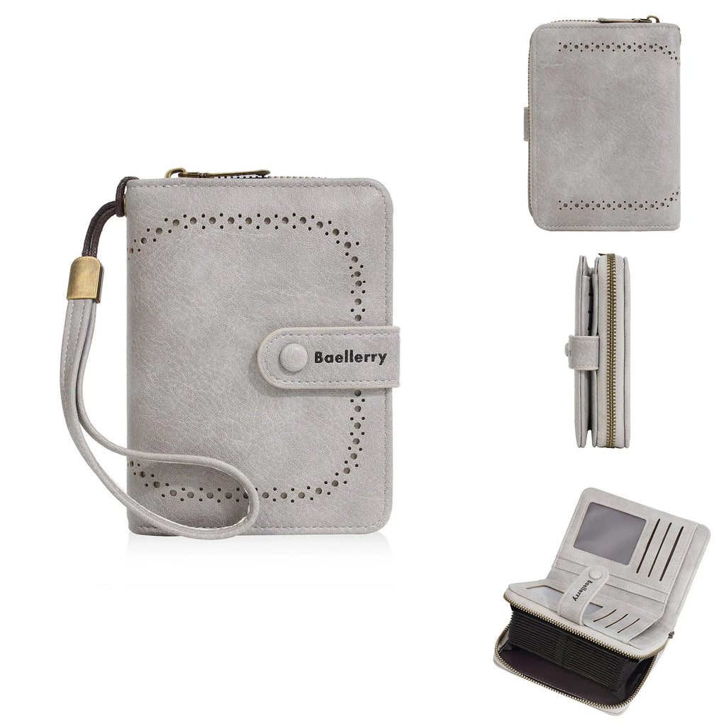 Women's black PU leather zip coin purse with card slots, shown alongside red, brown, and light grey colour options.