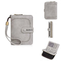 Women's black PU leather zip coin purse with card slots, shown alongside red, brown, and light grey colour options.