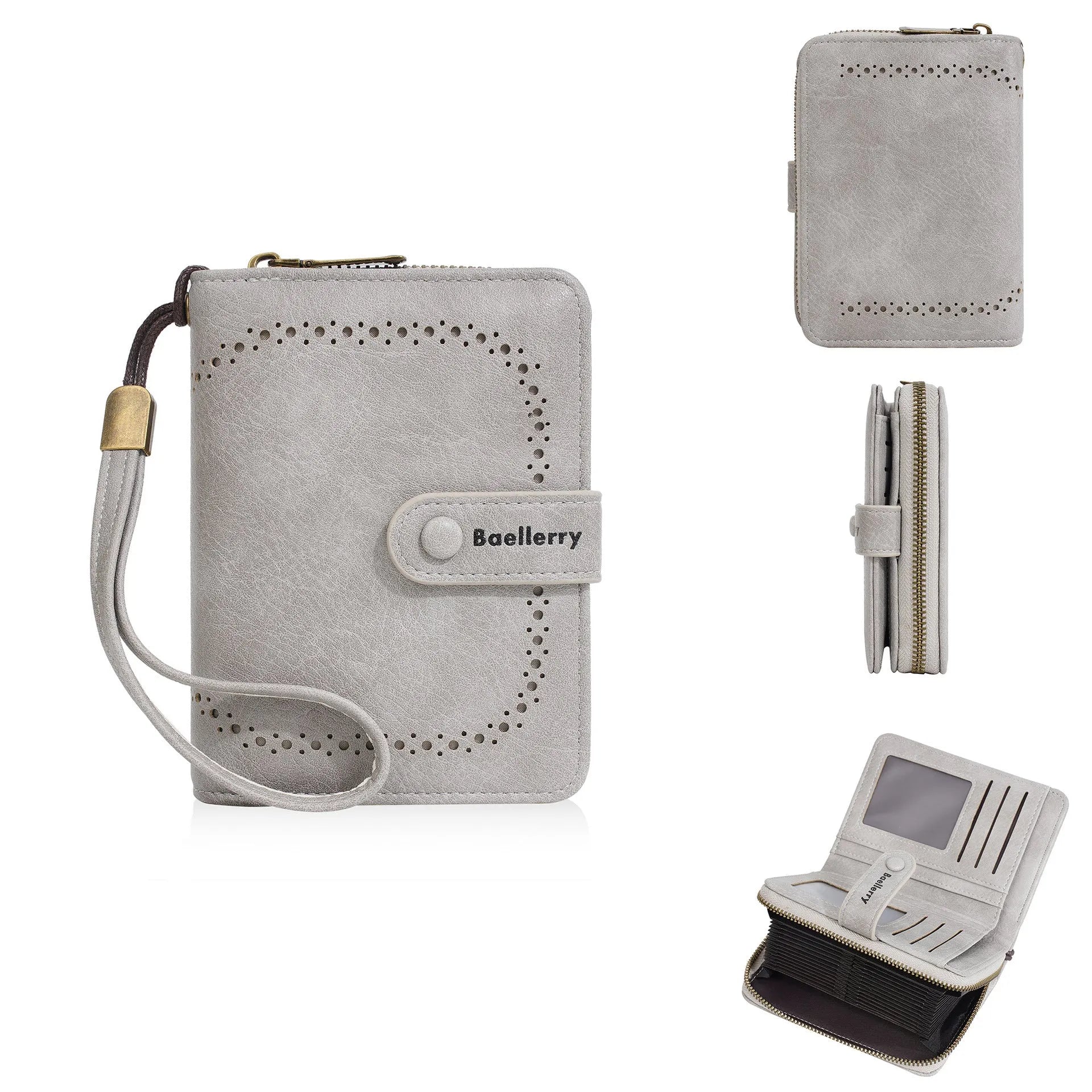 Women's black PU leather zip coin purse with card slots, shown alongside red, brown, and light grey colour options.