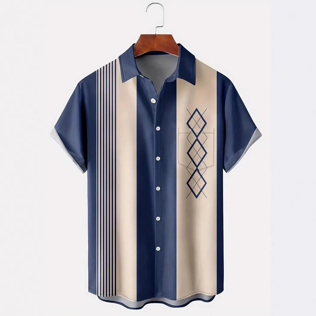 Man wearing plaid loose fit short sleeve shirt with lapel collar in cardigan style