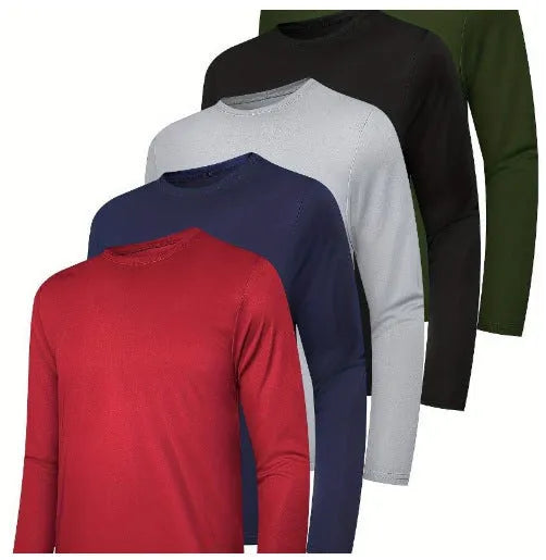 Pack of four men's lightweight hoodies in elastic polyester fibre, shown in various colours.