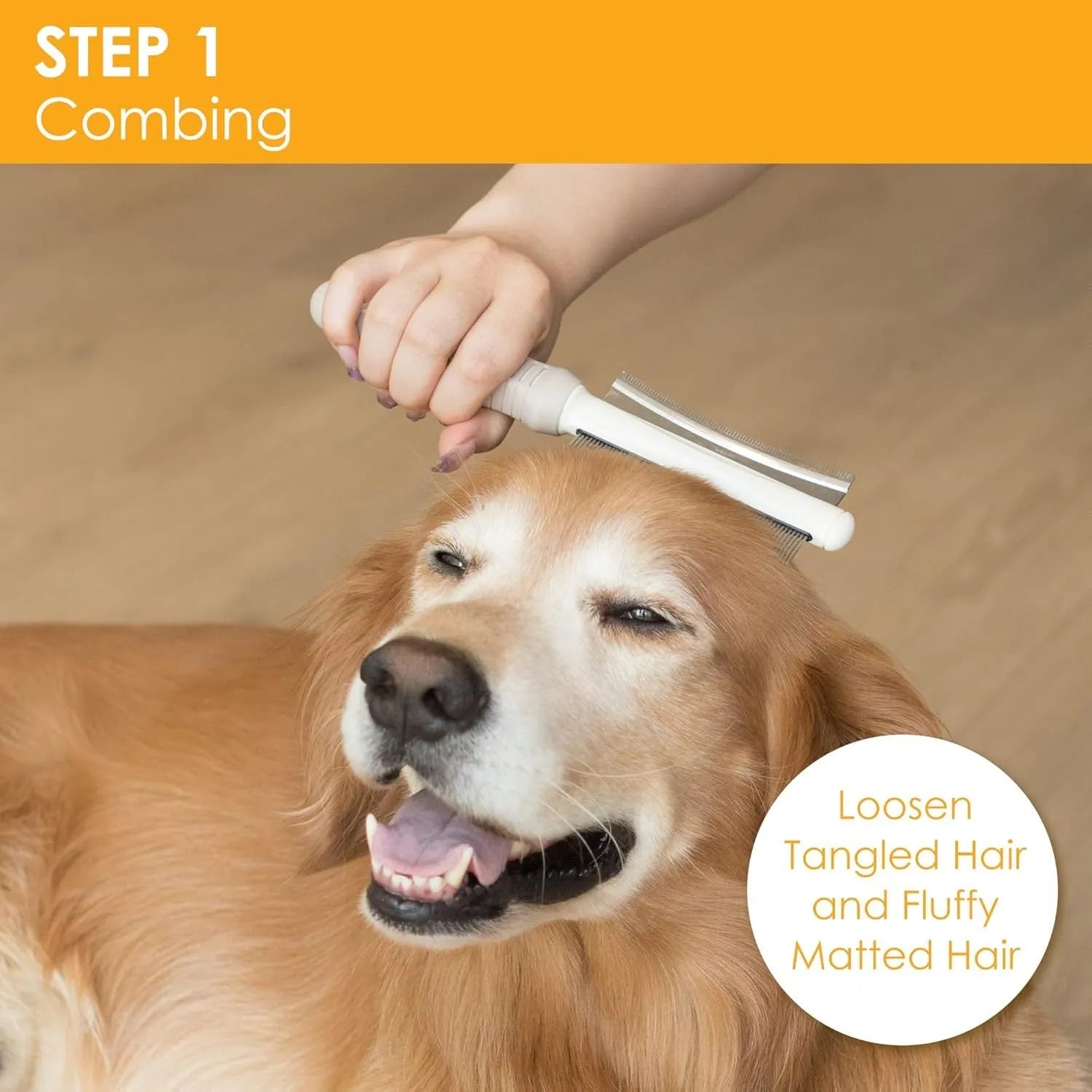White double-sided pet deshedding brush and grooming comb with curved head and ergonomic handle.