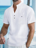 Men's linen blend stand collar short sleeve T-shirt in loose casual fit