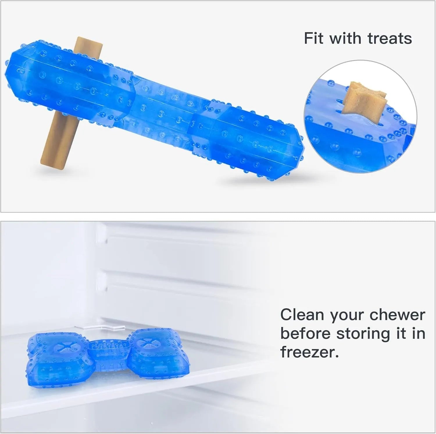 Freezable water-filled dog cooling chew toy in bones and circles designs with treat compartment.