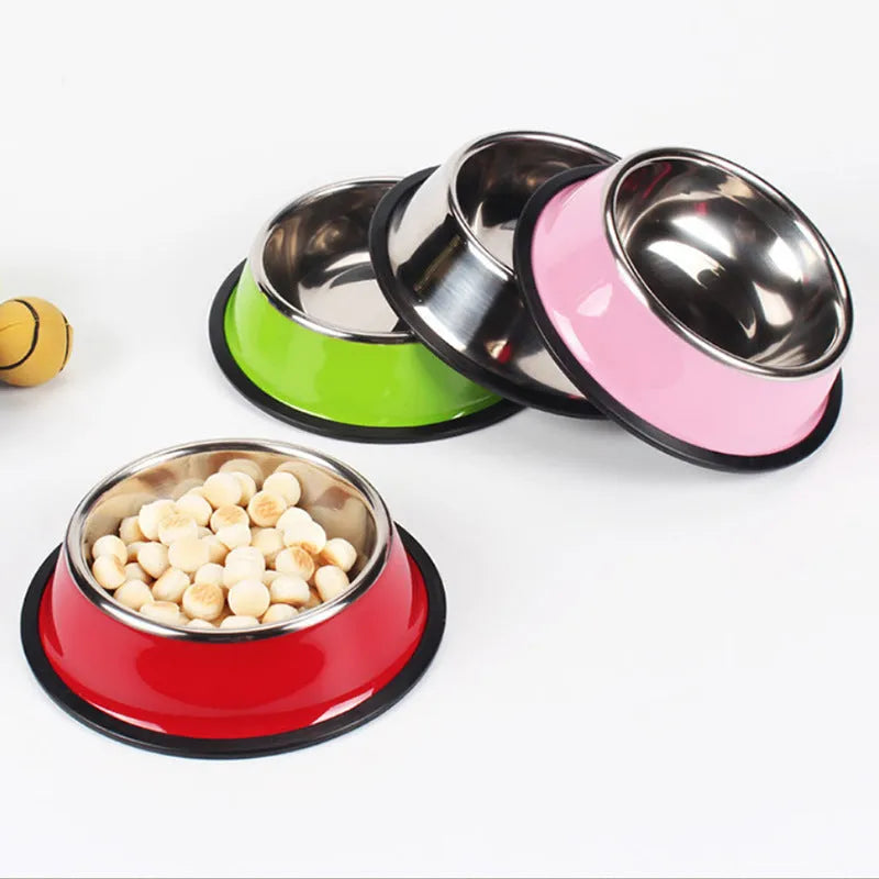 Stainless steel pet bowl inside colourful melamine pot with non-slip base