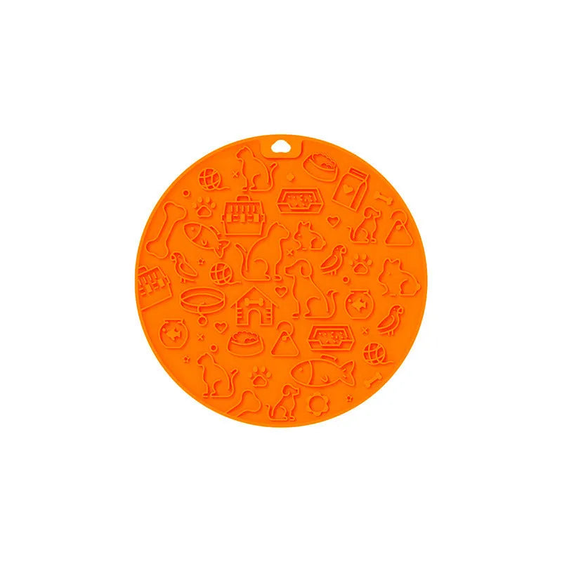 Round silicone pet licking mat with suction cup in blue, pink, grey, mint, or orange colour.