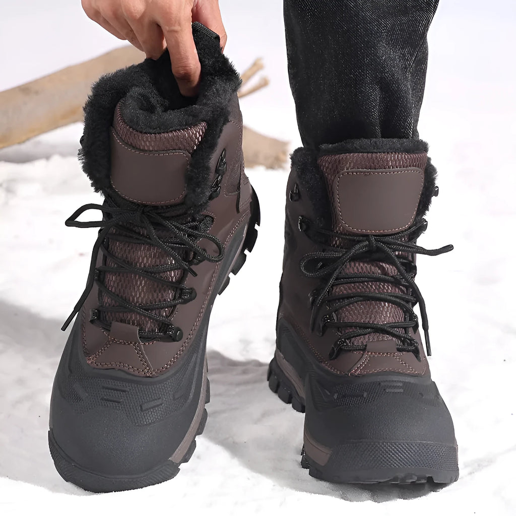 Men's black high-top boots with fleece lining, flat heel, and lace-up front