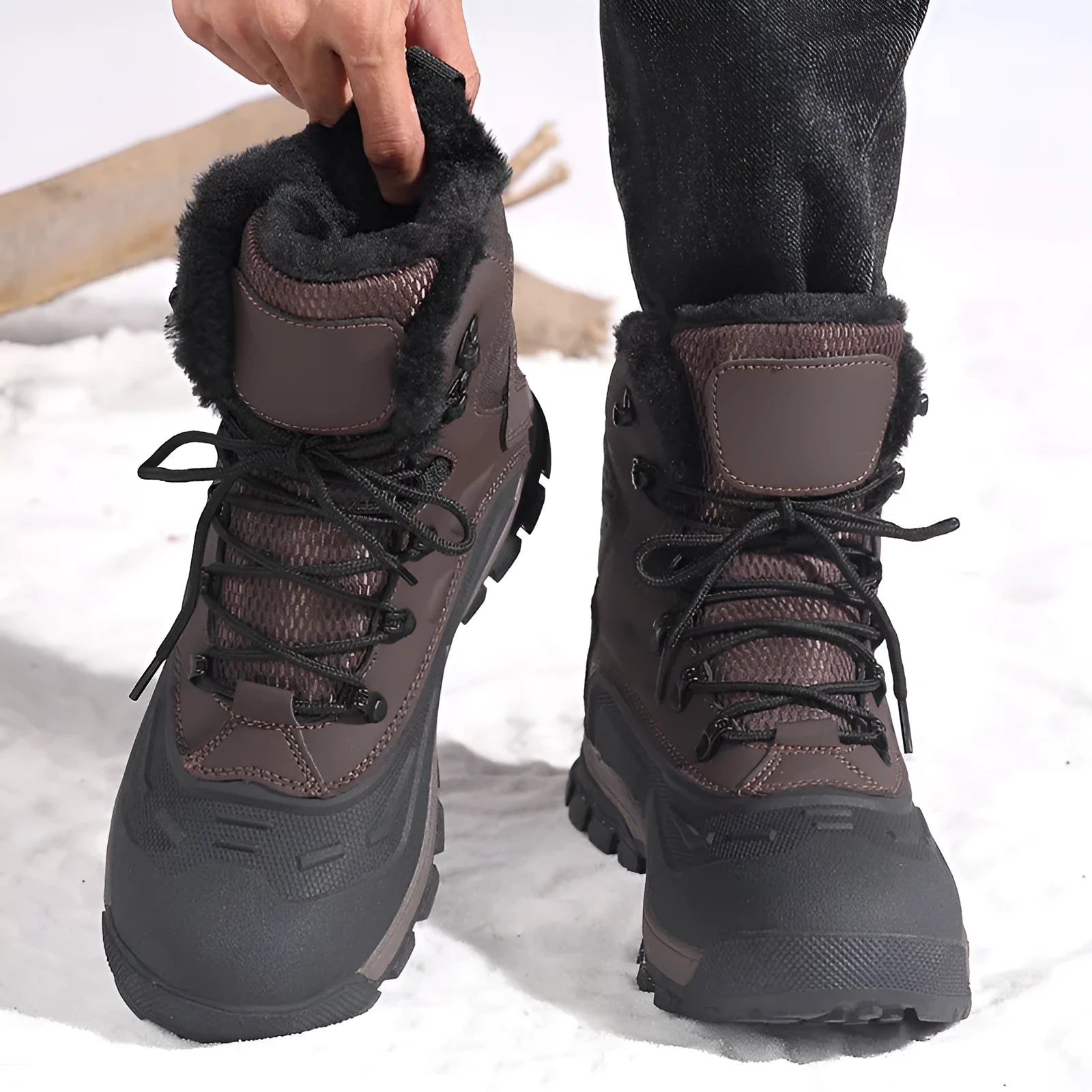Men's black high-top boots with fleece lining, flat heel, and lace-up front