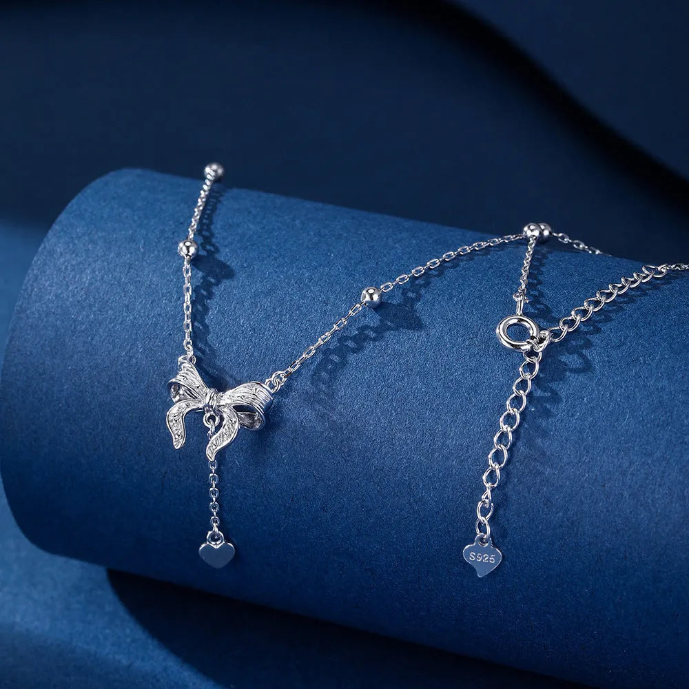 S925 pure silver butterfly heart necklace with adjustable 40-45cm chain and bow detail