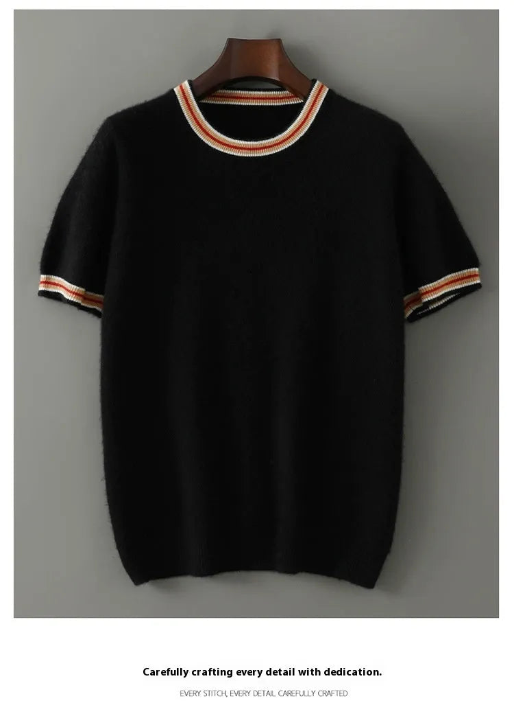 Men's short sleeve pure wool sweater in round neck pullover style shown in grey