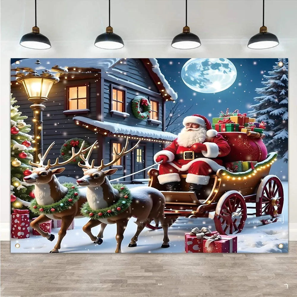 Large rectangular Christmas banner with Santa Claus night scene design, measuring 210cm by 150cm.