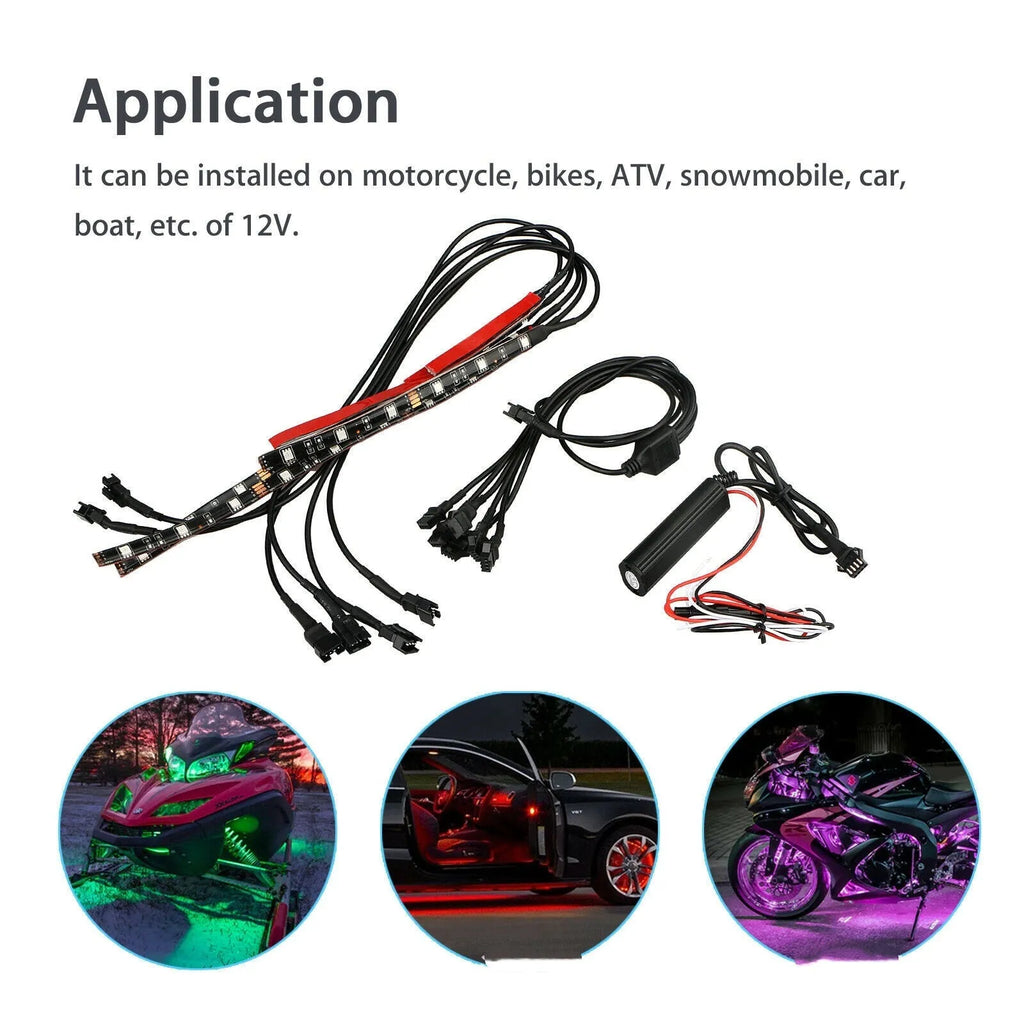 Black silicone RGB LED light bar for cars and motorcycles with wireless remote control receiver.