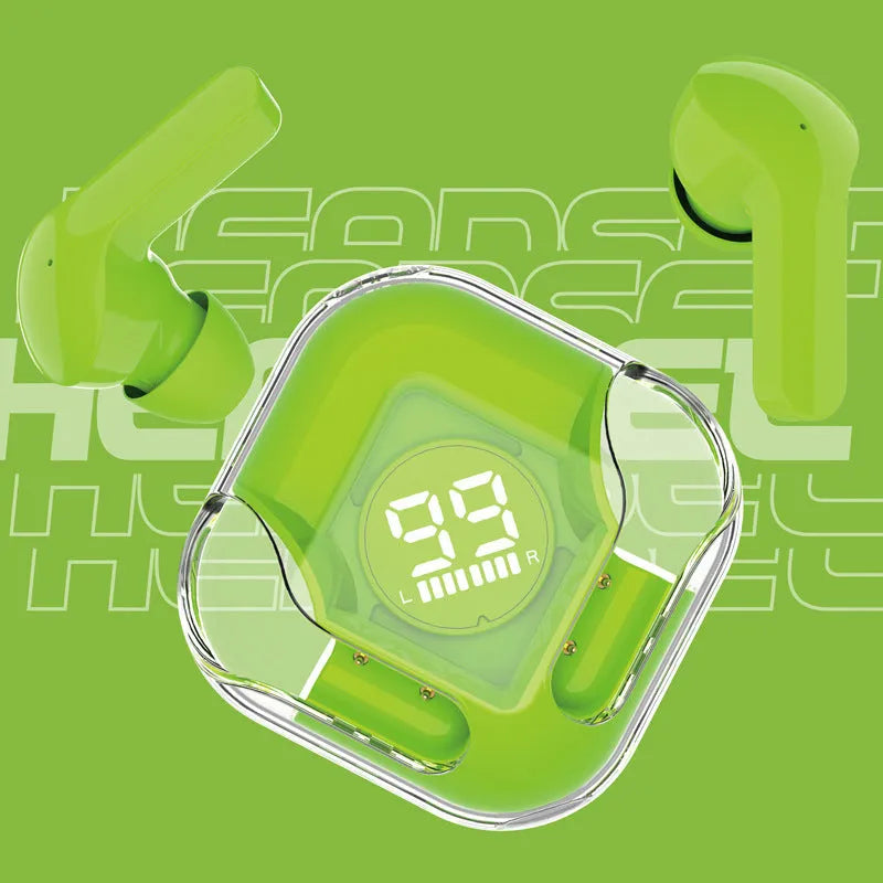 Transparent TWS wireless Bluetooth earbuds showing internal components in one of five colour options