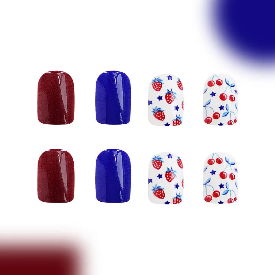 Glossy red and blue strawberry cherry pattern artificial nail stickers for Independence Day