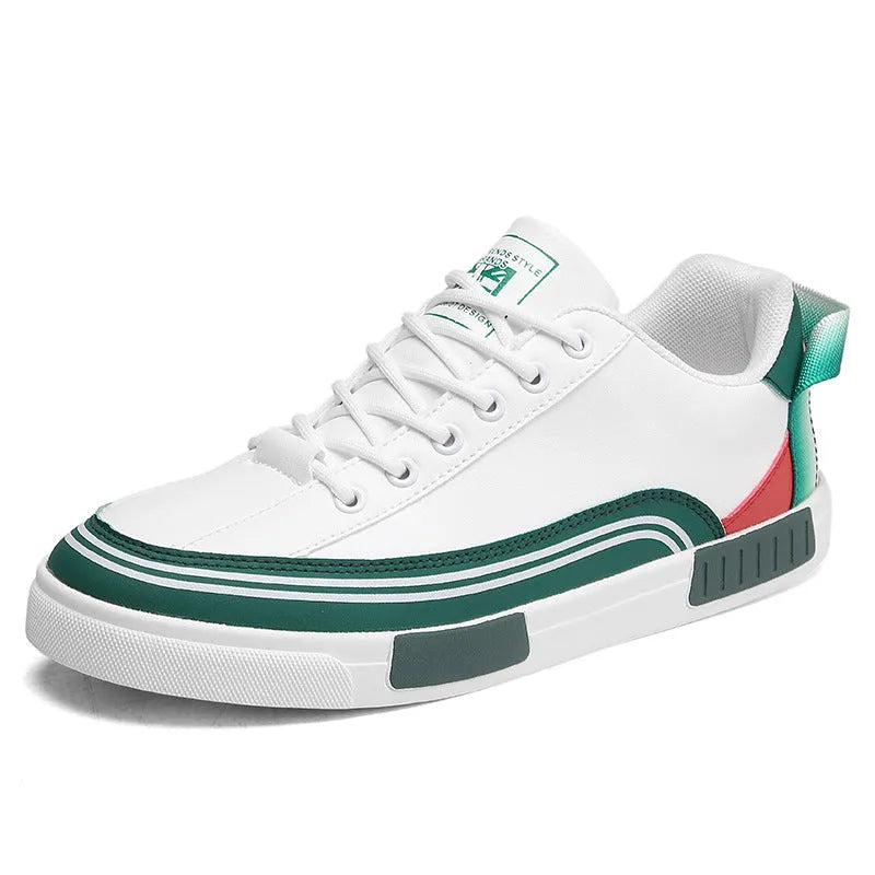 Men's white and green canvas casual shoes with mesh panels and a flat heel.