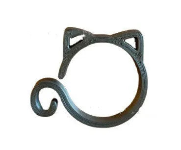 Cat-shaped plastic plant clip in red, yellow, green, and white colours for garden support.