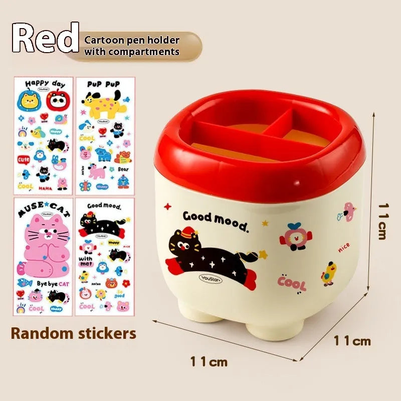 Red and brown cartoon-style desktop storage organiser with grid pattern and sticker set for labelling.