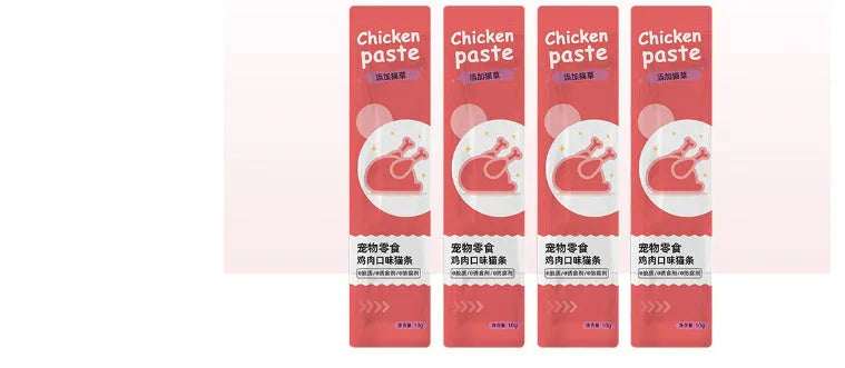 Pack of cat strip snacks showing four flavour varieties for adult cats