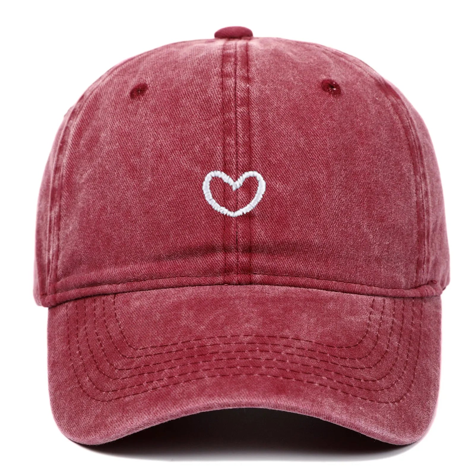 Soft cotton baseball cap with an embroidered red love heart on the front, shown in adjustable size.