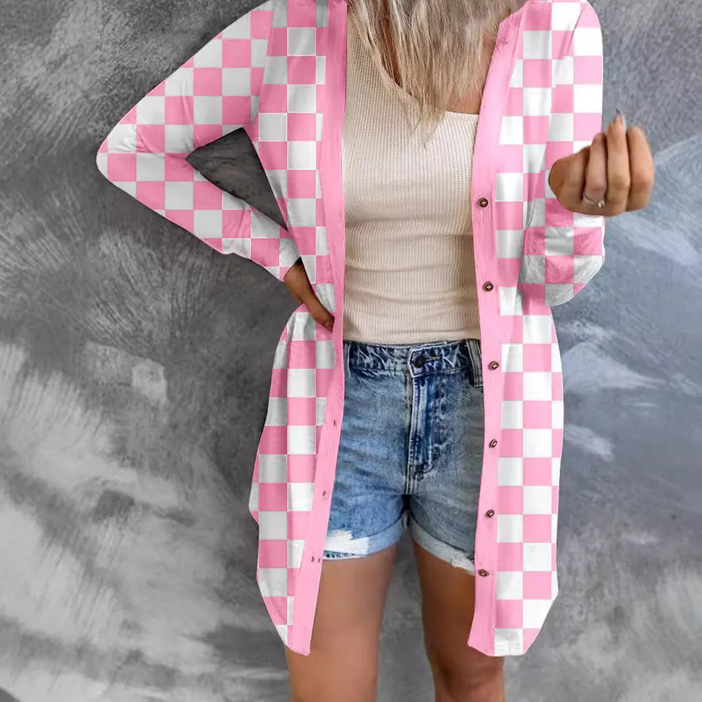 Long grey plaid knitted cardigan coat on a model, showing loose fit and regular sleeves.