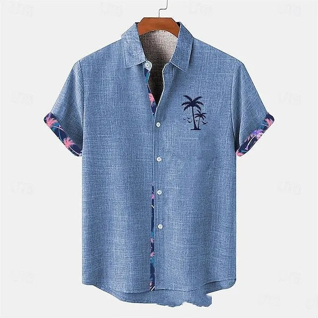 Linen short sleeve shirt with ocean fish pattern in loose casual fit for teenagers