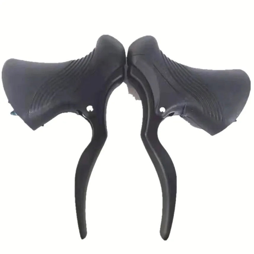 A pair of aluminium alloy road bicycle brake handles in black, showing the clamp for 22.2mm/23.8mm handlebars