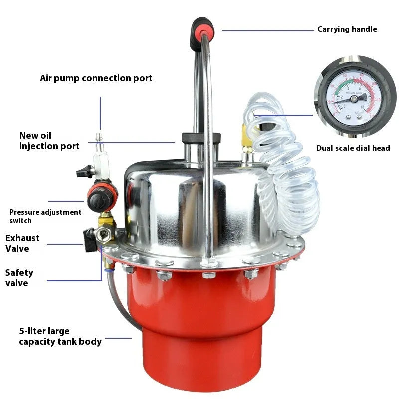 Pneumatic brake fluid replacement machine with pressure gauge and 5L tank.