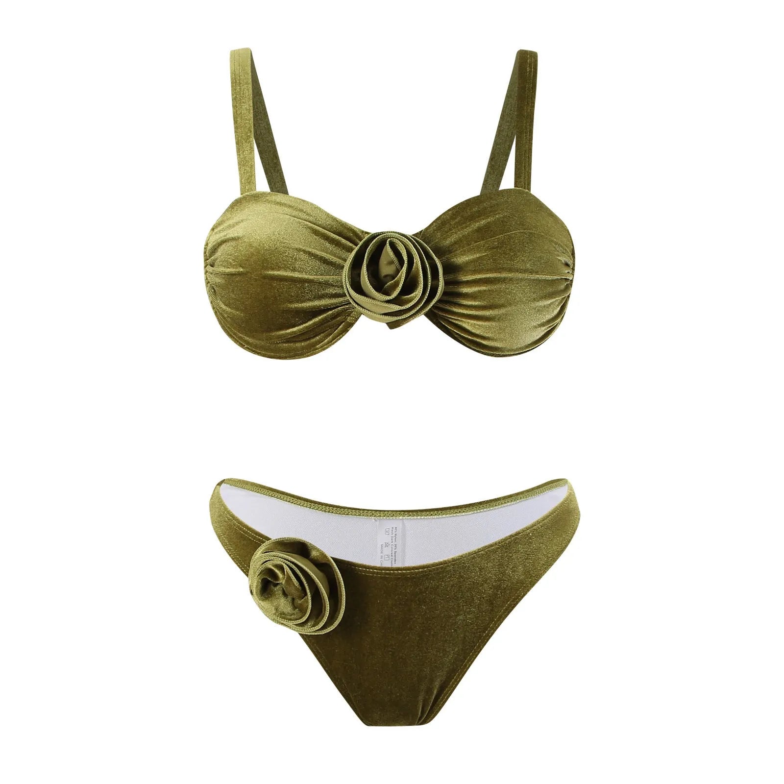 Women's green floral one-piece swimsuit with 3D flower pattern and briefs style design