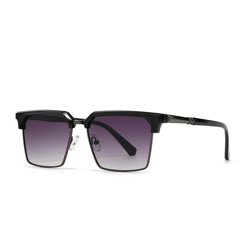 Men's square sunglasses with plastic frame in six colour options showing box-style design