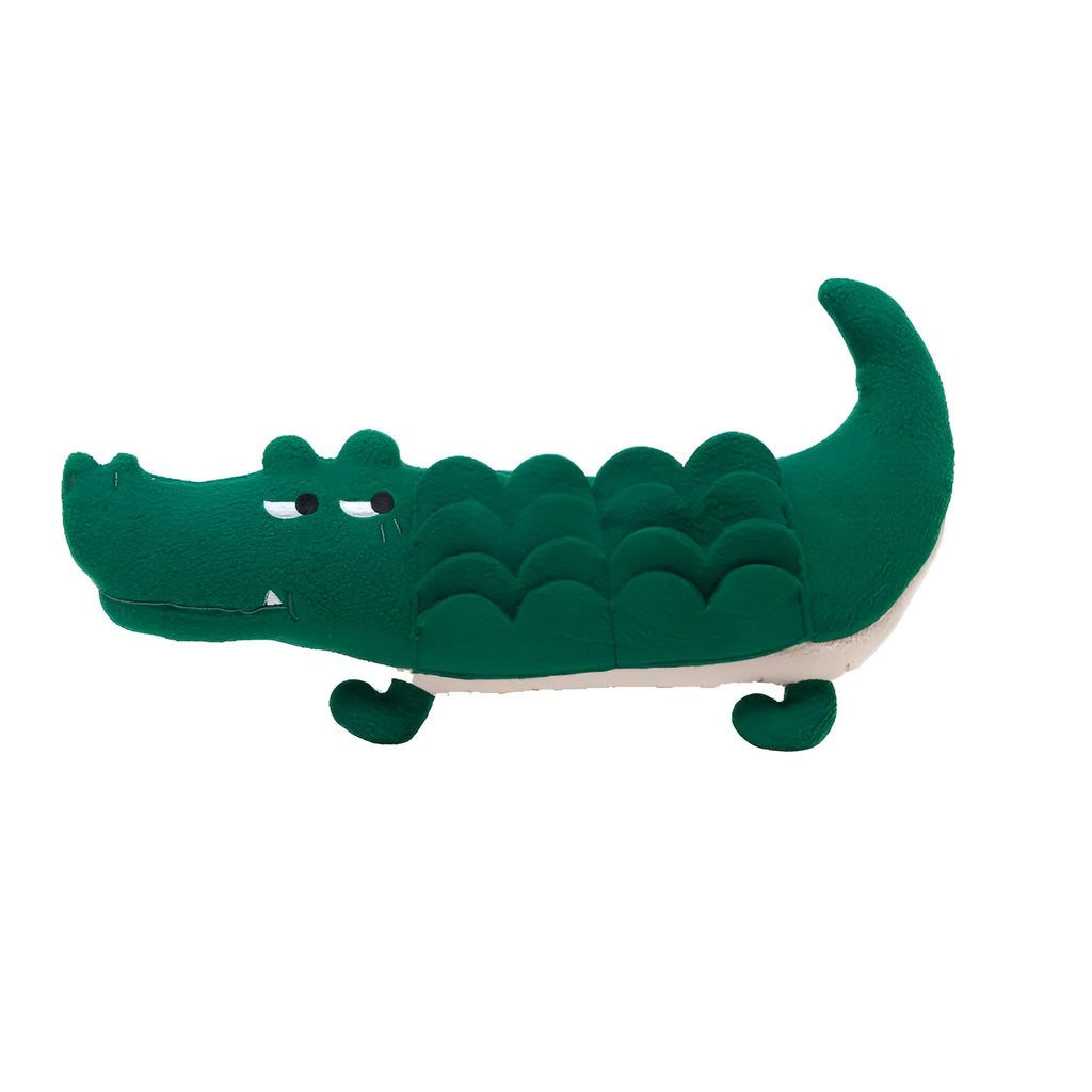 Green durable plush dog toy with squeaker, shown at 35 cm length for scale.
