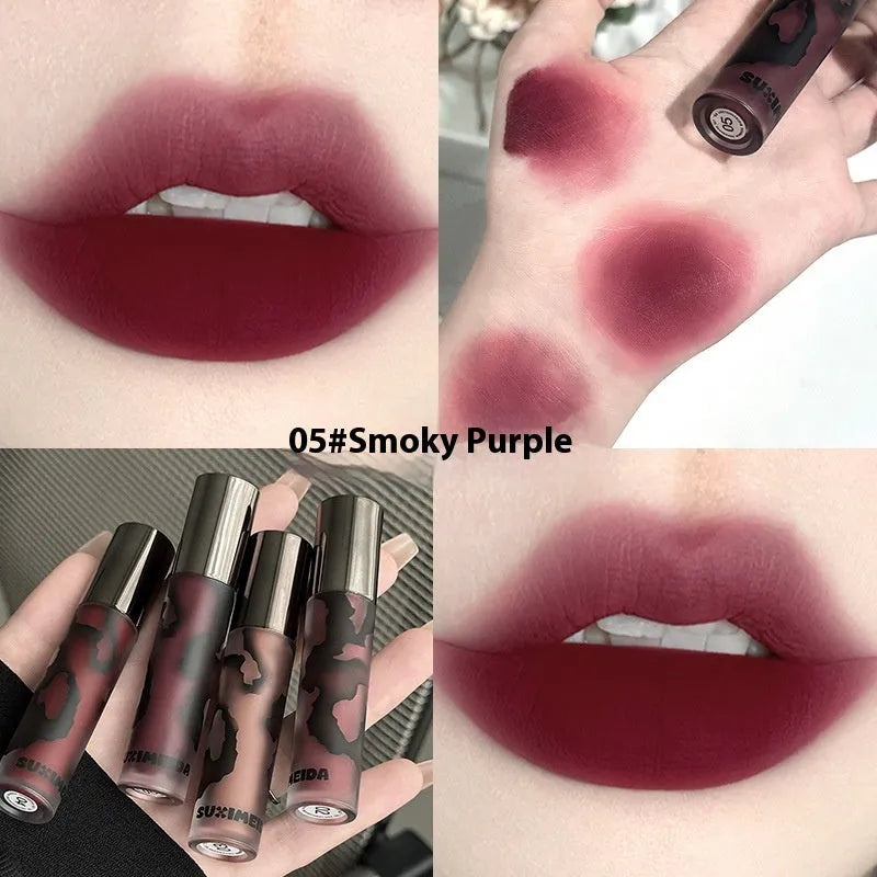 Matte lip mud lipstick tube showing five colour shades including orange brown coffee and cool grey